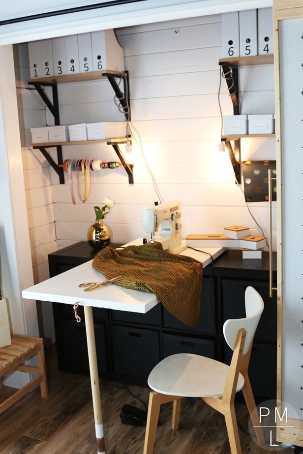 An amazing DIY fold down sewing table that doubles as a cute chalkboard! Such a space saver (as well as easy/inexpensive)