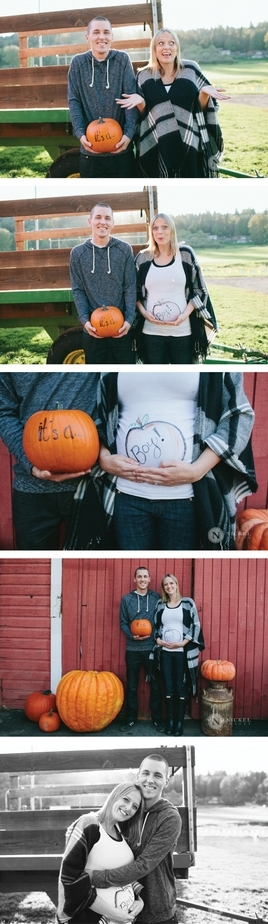 Cute fall gender reveal at a pumpkin farm! Love that the colors are gender neutral.