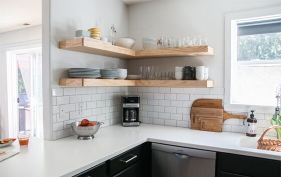 DIY Custom Floating Shelves with a natural finish and heavy weight bearing design.