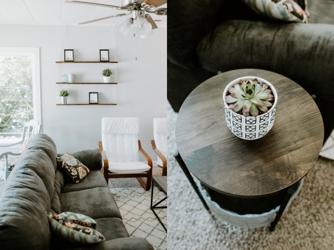 diy hanging rope shelf and matching chairs with rustic side table