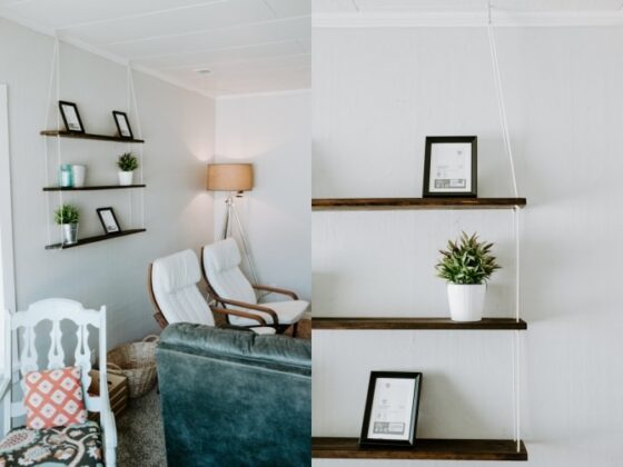 hanging rope shelf DIY with matching chairs and industrial lamp