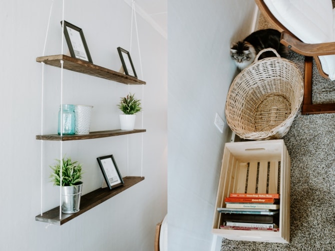 diy hanging rope shelf and organizing baskets