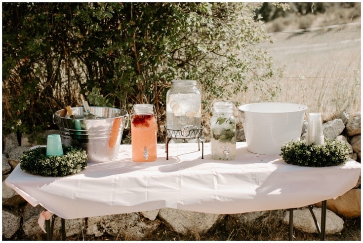 Rainbow birthday party party drink table with raspberry lemonade, mojitos, and lemon water.