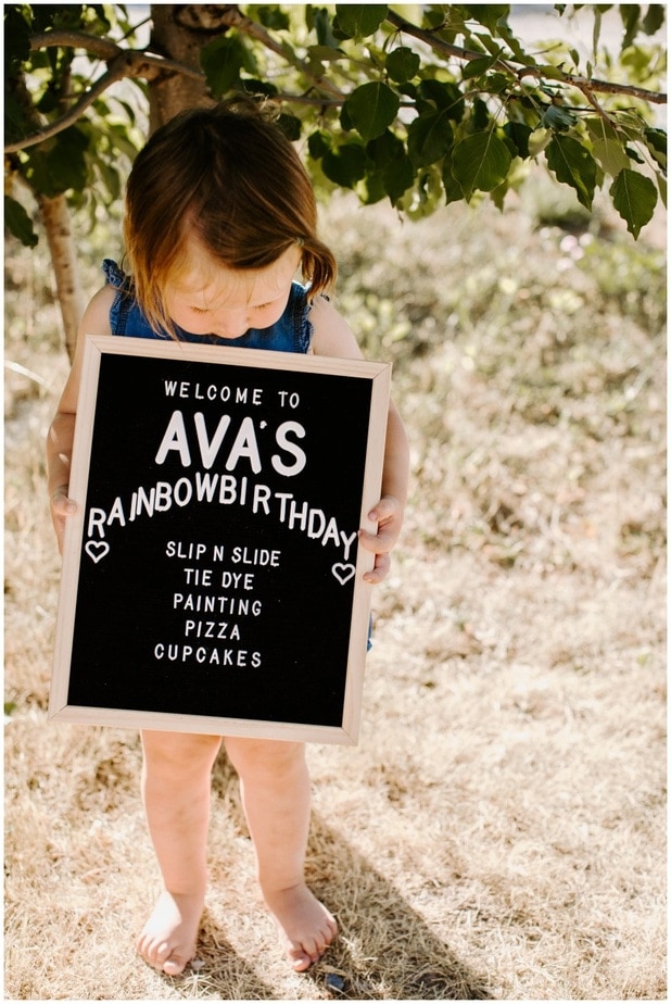 Rainbow birthday party letterboard sign of activities