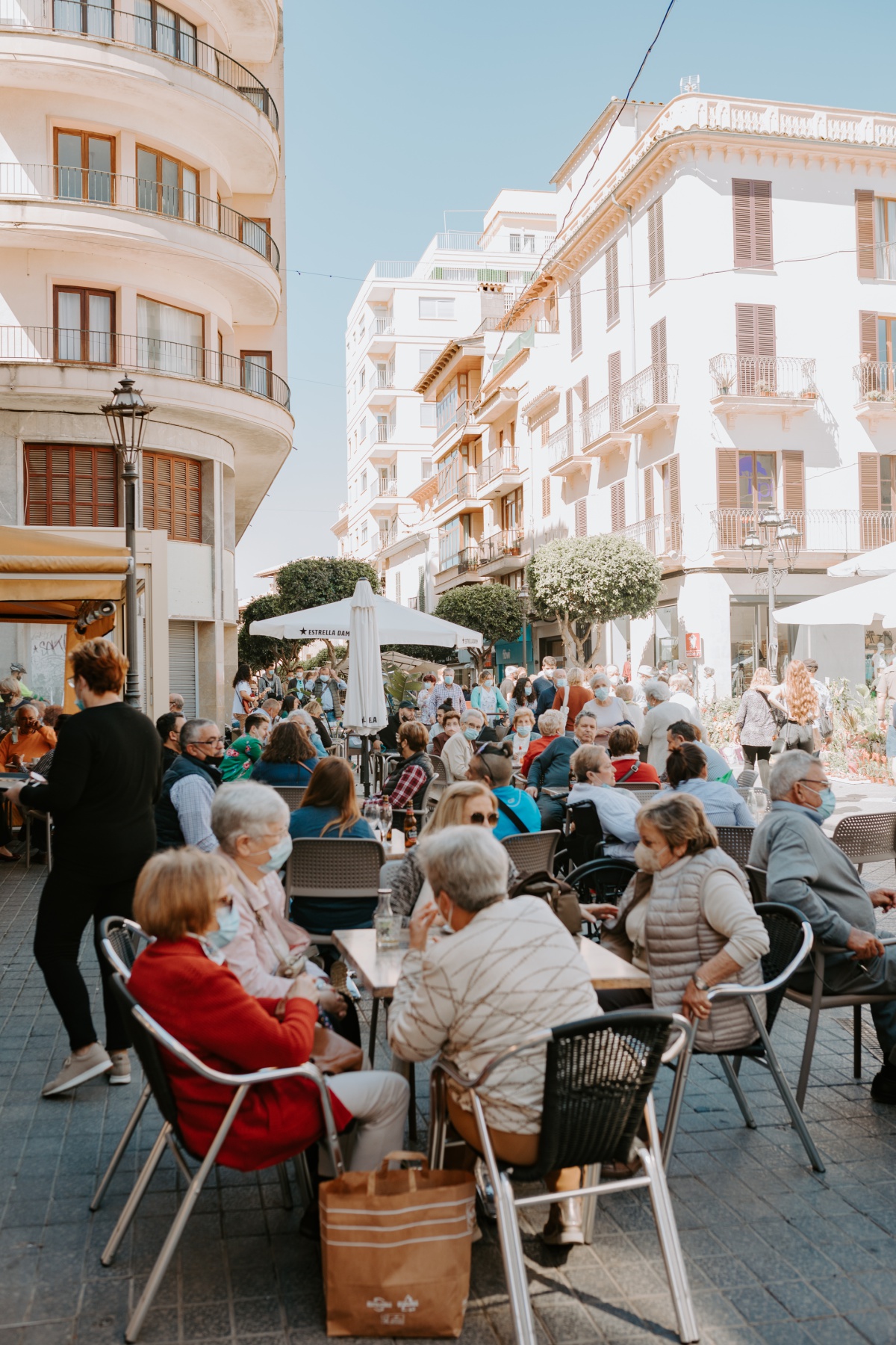 outdoor cafe seating at the Inca, Market in Mallorca, Spain