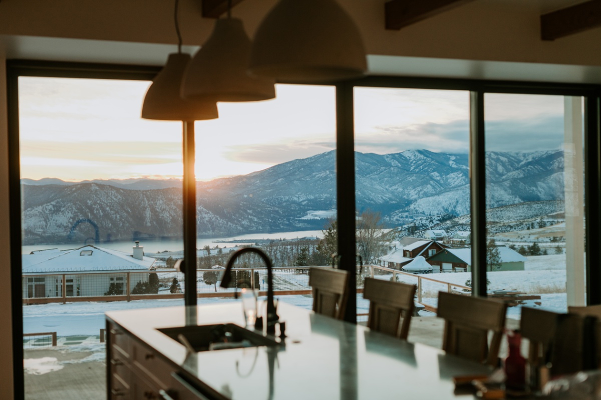 Kitchen lake and mountainviews through 16 foot sliding doors